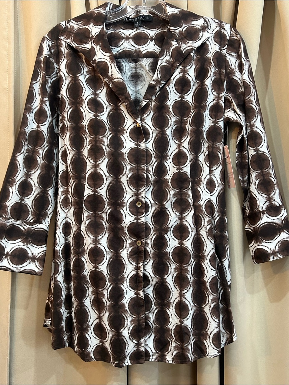 Lafayette 148 New York Brown and White Printed Button-Front Women’s Top